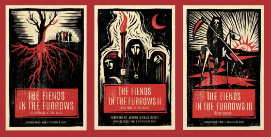 An image showing the covers of the Fiends in the Furrows Trilogy